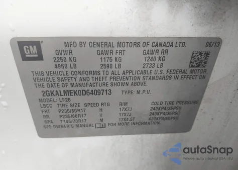 2013 GMC Terrain Sle-1 from USA, damaged, VIN 2GKALMEK0D6409713